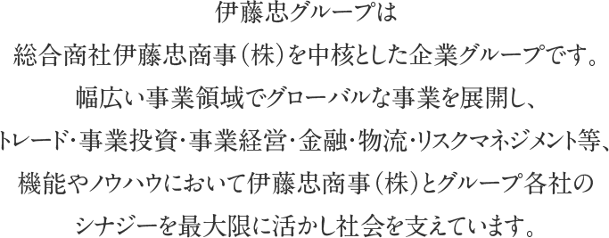 伊藤忠グループは総合商社伊藤忠商事（株）を中核とした企業グループです。幅広い事業領域でグローバルな事業を展開し、トレード・事業投資・事業経営・金融・物流・リスクマネジメント等、機能やノウハウにおいて伊藤忠商事（株）とグループ各社のシナジーを最大限に活かし社会を支えています。